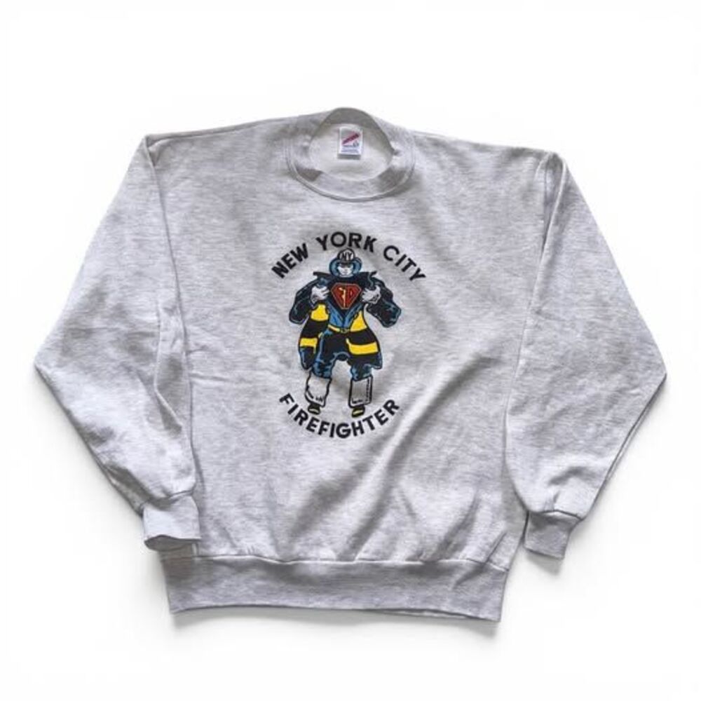 Vintage NYC Firefighter Single Stitch M Crewneck Sweatshirt, Grey, Jerzees, USA